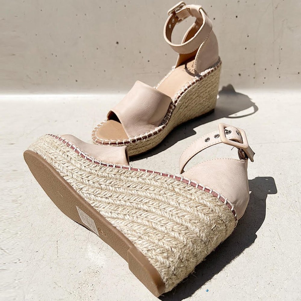 NEW Sand Nude Faux Leather Ankle Buckle Strap Espadrille Platform Wedge Sandals - Picture 4 of 13